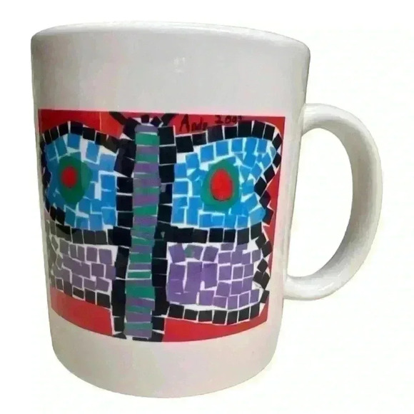 Original colorful butterfly collage art mug signed Andy 2003 - Picture 1 of 7